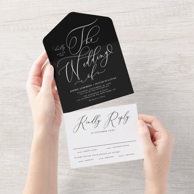 Black Elegant Whimsical Calligraphy Wedding All In One Einladung (Abreißen)
