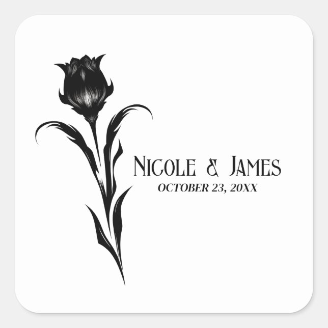 Black Elegante Blume Gothic Wedding Quadratischer Aufkleber (Vorderseite)