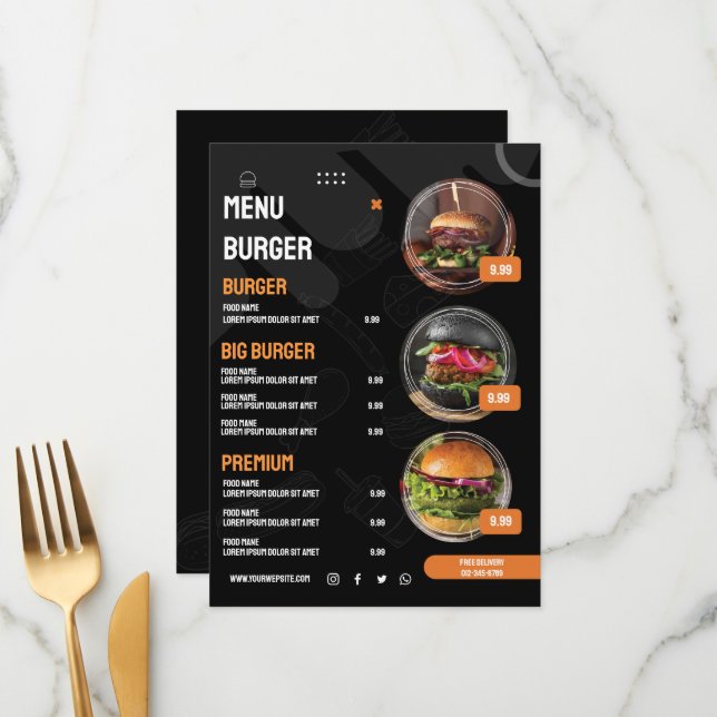 Black Elegante Burger Restaurant Einladung (Vorderseite/Rückseite Beispiel)