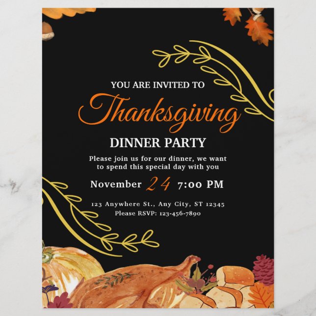 Black Elegante Erntedank Dinner Party Printable Flyer (Vorne)