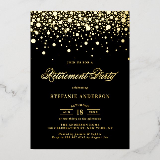 Black Elegante Foil Confetti Pension Party Folieneinladung (Vorderseite)
