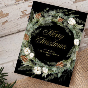 Black Elegante Pine Wreath Gold Frohe Weihnachte Feiertagskarte