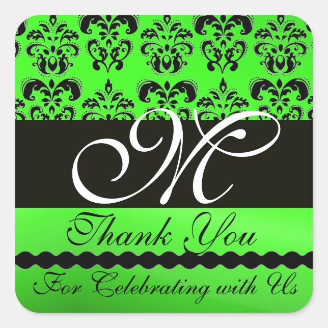 BLACK EMERALD GREEN DAMASK MONOGRAMM Vielen Dank Quadratischer Aufkleber (Vorderseite)