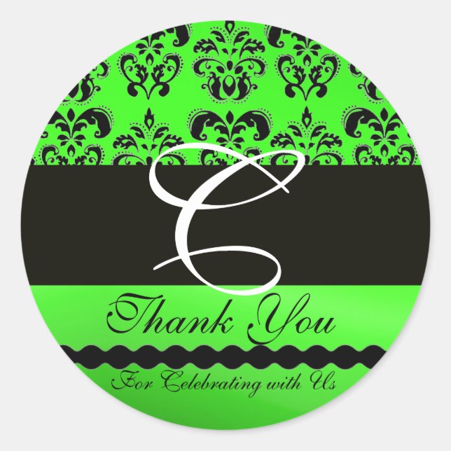 BLACK EMERALD GREEN DAMASK MONOGRAMM Vielen Dank Runder Aufkleber (Vorderseite)