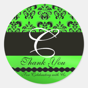 BLACK EMERALD GREEN DAMASK MONOGRAMM Vielen Dank Runder Aufkleber