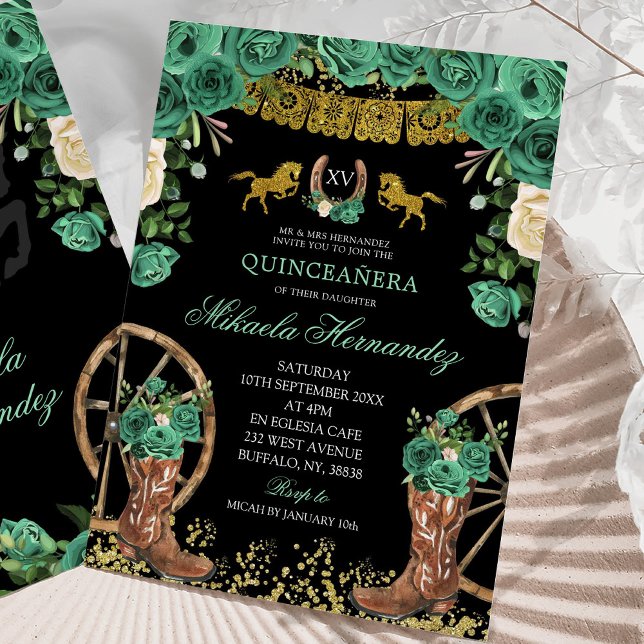 Black Emerald Green Hunter Western Boots XV Años Einladung (Von Creator hochgeladen)