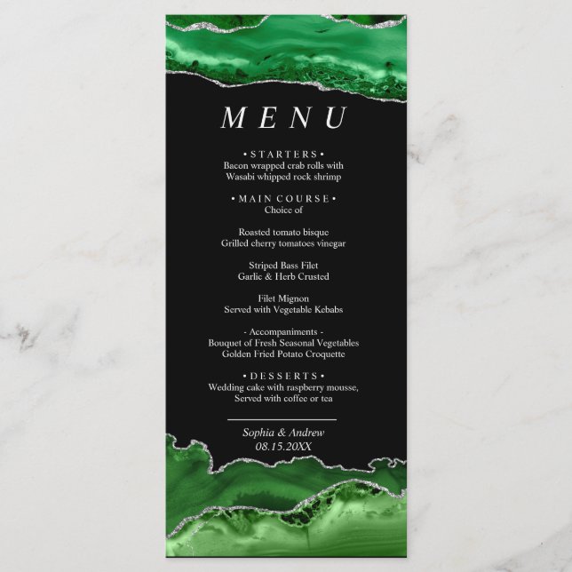 Black & Emerald Greenerity Wedding Menu Menükarte (Vorderseite)