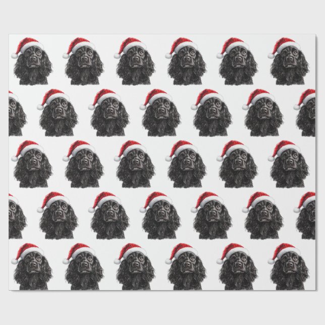Black English Cocker Spaniel Dog with Santa Hat Geschenkpapier (Flach)