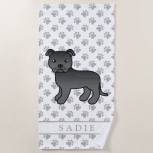 Black English Staffie Niedlich Cartoon Dog & Name Strandtuch