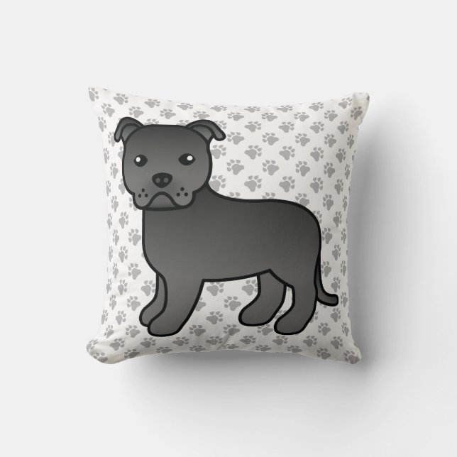 Black English Staffie Niedlich Cartoon Dog & Paws Kissen (Vorderseite)
