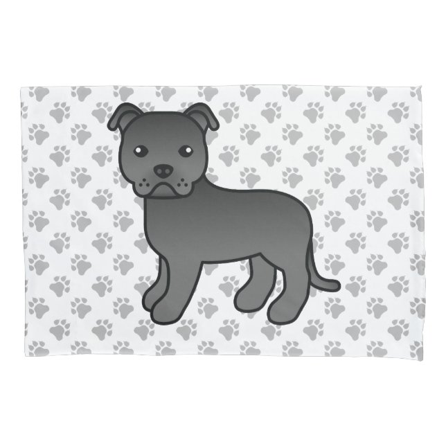 Black English Staffie Niedlich Cartoon Dog & Paws Kissenbezug (Vorderseite)