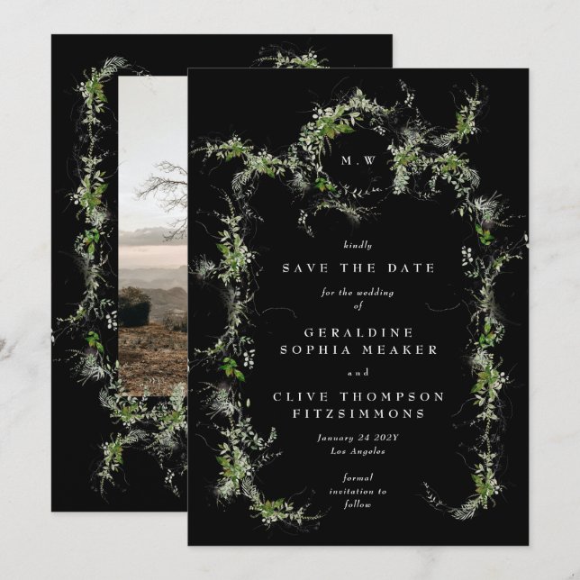 Black Eucalyptus Wreath Monogram Photo Wedding Save The Date (Vorne/Hinten)