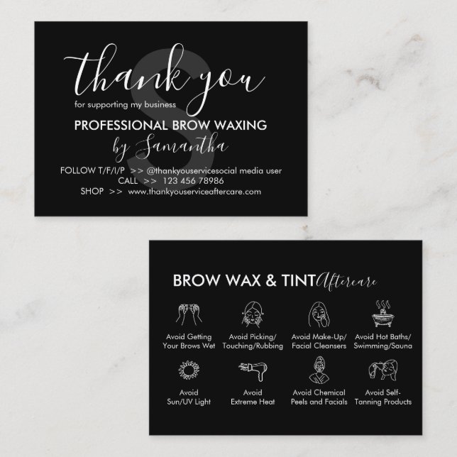 Black Eye Brow Wax Tint Aftercare Vielen Dank Visitenkarte (Vorne/Hinten)