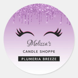 Black Eyelashes und Lila Glitzer Candle Scent Runder Aufkleber