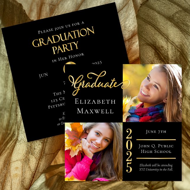 Black | Faire-part d'obtention d'un diplôme de pho (Black and Gold Tone Two Photo Collage Graduation Announcement | Party Invitation Combination)