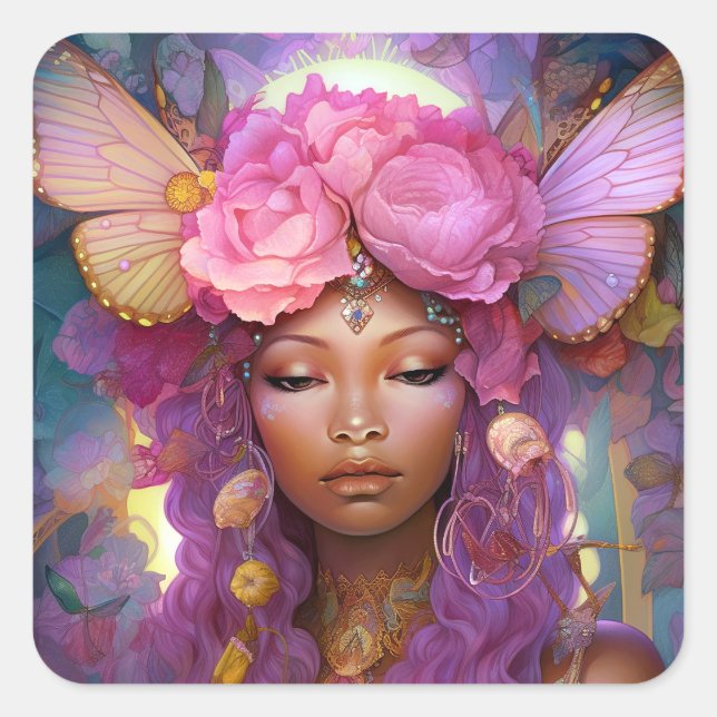 Black Fairy Queen Pink Lila Fantasy Art Quadratischer Aufkleber (Vorderseite)