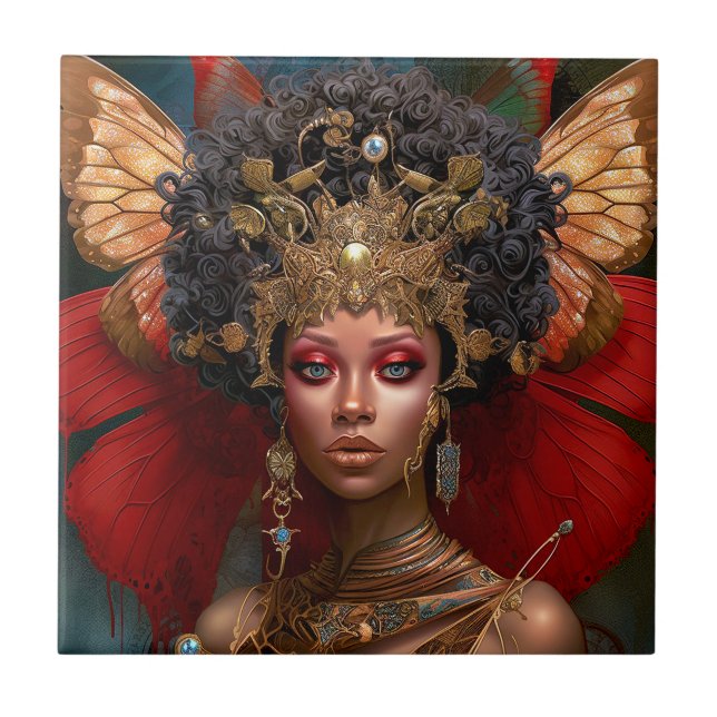 Black Fairy Queen Red Gold Faiasy Fantasy Art Fliese (Vorderseite)