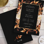 Black Fall Floral Wedding Einladung<br><div class="desc">Schwarzer Fall Blütenhochzeit Einladung. Dieses elegante Hochzeitsangebot mit wunderschönen handbemalten Blätter in Aquarell, Orange- und Terrakotta, cremefarbenen und beigen Dahlien und wunderschönen Rost- und Brauntönen auf weißem Hintergrund, perfekt für eine Herbsthochzeit! Die Rückseite der Einladung hat einen schönen Zweig von Blätter mit der Braut und Bräutigam Mongramm. Finden Sie passende...</div>