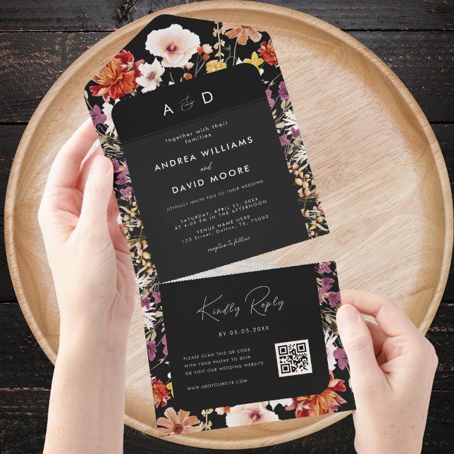 Black Fall Wildblumen Botanischer QR Code Hochzeit All In One Einladung (Von Creator hochgeladen)