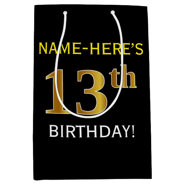 Black, Falsch Gold 13th Birthday + Custom Name Mittlere Geschenktüte (Vorderseite)