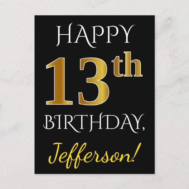 Black, Falsch Gold 13th Birthday + Custom Name Postkarte (Vorderseite)