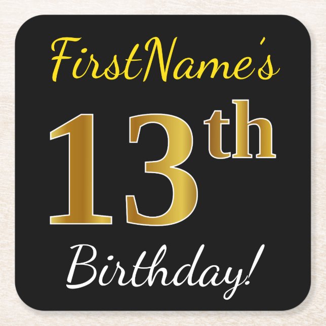 Black, Falsch Gold 13th Birthday + Custom Name Rechteckiger Pappuntersetzer (Vorderseite)