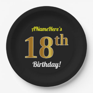 Black, Falsch Gold 18th Birthday + Custom Name Pappteller