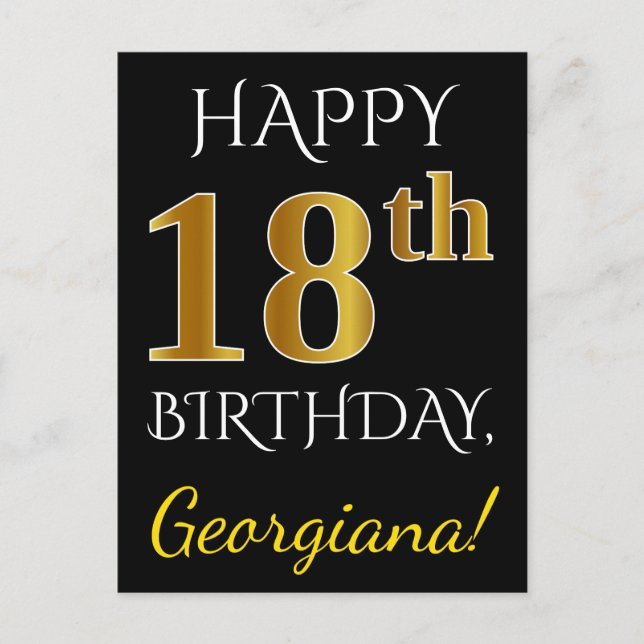 Black, Falsch Gold 18th Birthday + Custom Name Postkarte (Vorderseite)