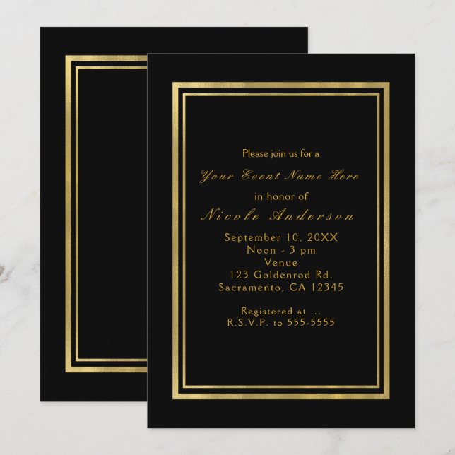 Black & Faux Foil Gold Chic Elegance Invitations (Devant / Derrière)