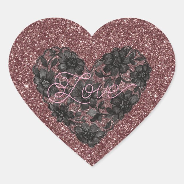 Black Faux Lace Heart Floral Herz-Aufkleber (Vorderseite)