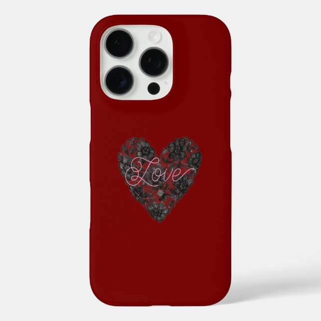 Black Faux Lace Heart Floral iPhone 16 Pro Hülle (Rückseite)