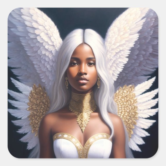 Black Female Angel White Wings Art Quadratischer Aufkleber (Vorderseite)