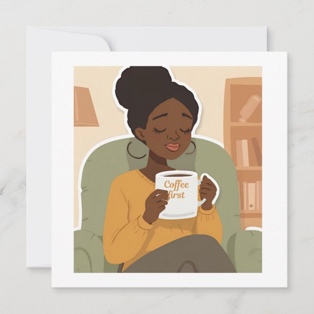 Black Female Drinking Coffee Dankeskarte (Vorderseite)