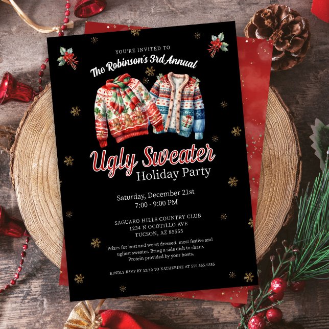 Black Festive Annual Ugly Sweater Christmas Party Einladung (Festive sparkling ugly sweater contest holiday christmas party invitation for work corporate home)