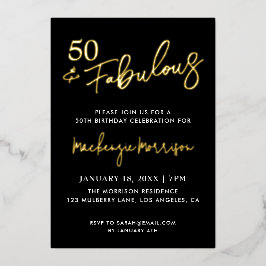 Black Fifty and Fabulous Script Birthday Folieneinladung