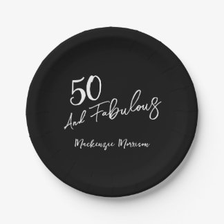 Black Fifty and Fabulous Script Birthday Party Pappteller