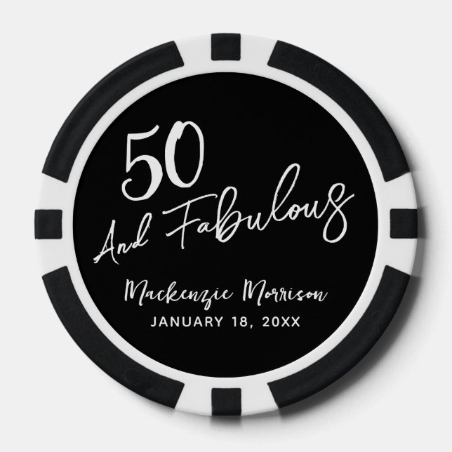 Black Fifty and Fabulous Script Birthday Party Pokerchips (Vorderseite)