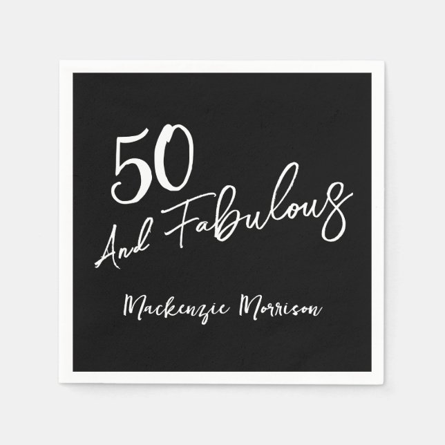 Black Fifty and Fabulous Script Birthday Party Serviette (Vorderseite)