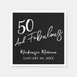 Black Fifty and Fabulous Script Birthday Party Serviette