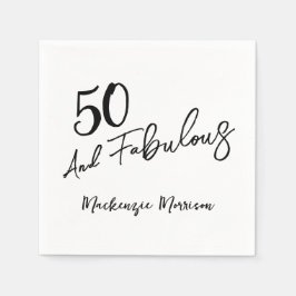 Black Fifty and Fabulous Script Birthday Party Serviette