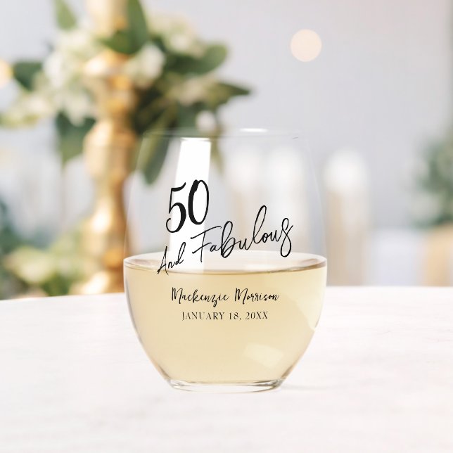 Black Fifty and Fabulous Script Birthday Party Weinglas Ohne Stiel (Insitu (Hochzeit))