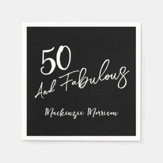 Black Fifty and Fabulous Script Birthday Serviette