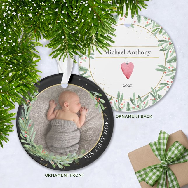 Black "First Weihnachten" Weihnachtsgrün Baby Foto Ornament (Von Creator hochgeladen)