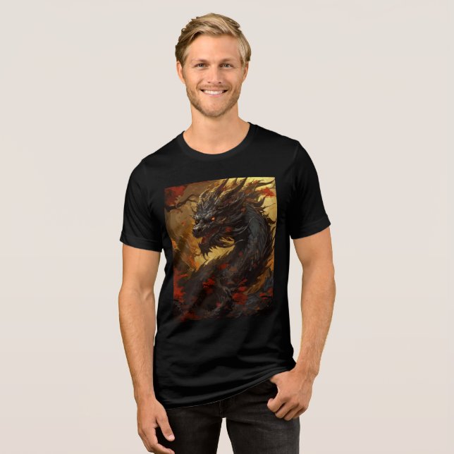 Black Flame Dragon in Autumn Forest Tri-Blend Shirt (Vorderseite voll)