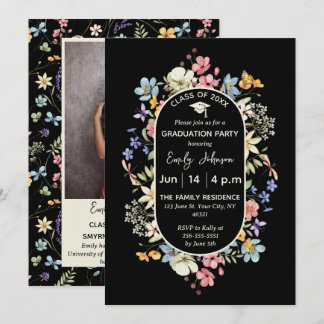 Black Floral 1 Foto Abschluss Ankündigung Invit