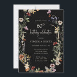Black Floral 60. Geburtstagsparty Einladung<br><div class="desc">Black Floral 60. Geburtstag Party Einladung. Diese stilvolle und elegante Einladung zum 60. Geburtstag bietet wunderschöne handbemalte Aquarellfarben-Wildblumen,  die als hübscher Kranz mit einem eleganten,  handgeschriebenen Drehbuch angeordnet sind. Finden Sie passende Artikel in der Black Boho Wildblume Wedding Collection.</div>