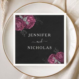 Black Floral Burgundy Peonies Wedding Serviette