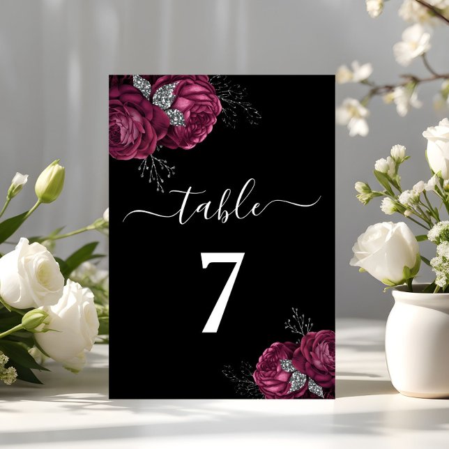 Black Floral Burgundy Peonies Wedding Tischnummer (Black Floral Burgundy Peonies Wedding Table Number)