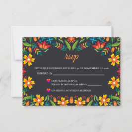 Black Floral Colorful Botanical Spanish Wedding RSVP Karte