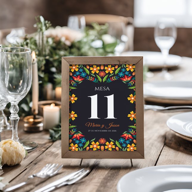Black Floral Colorful Botanical Spanish Wedding Tischnummer (Black Floral Colorful Botanical Spanish Wedding Table Number)